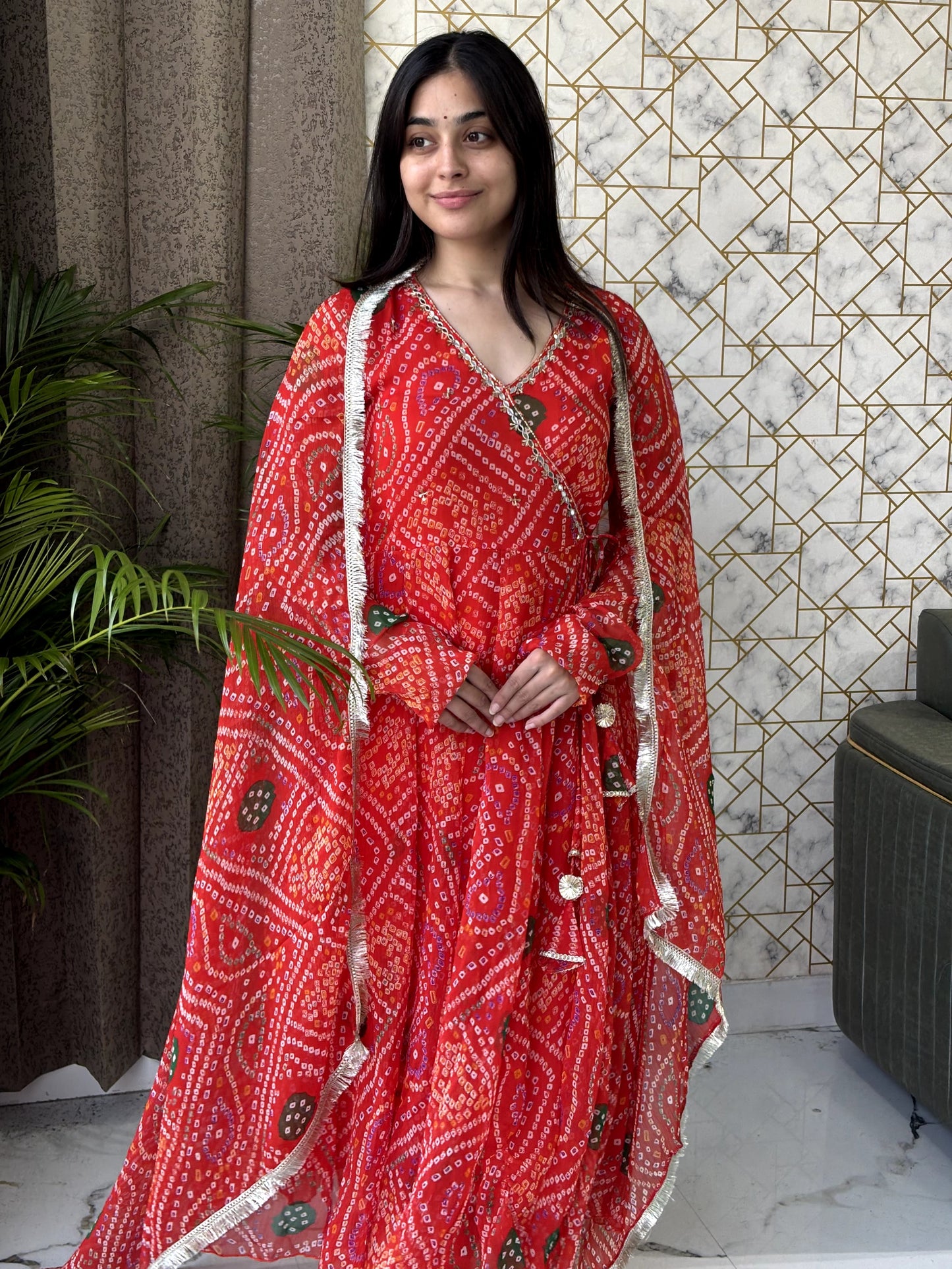 Red Bandhej Anarkali Set with Dupatta