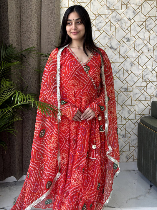 Red Bandhej Anarkali Set with Dupatta