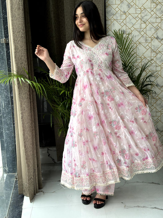 Soft Floral Embroidered Anarkali Set