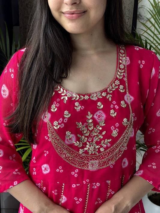 Rani Pink Bandhej Anarkali Set with Mirror Work Neckline