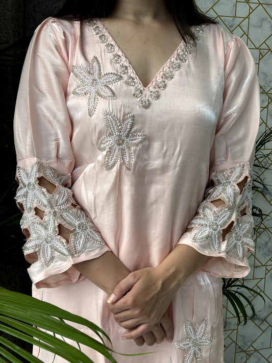 Blush Pink Satin Co-Ord Set with Embroidery