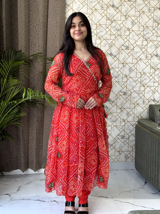 Red Bandhej Anarkali Set with Dupatta