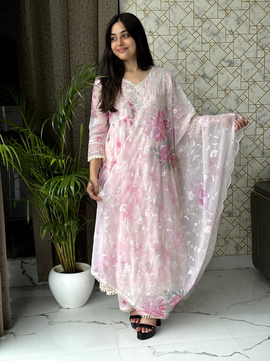 Soft Floral Embroidered Anarkali Set