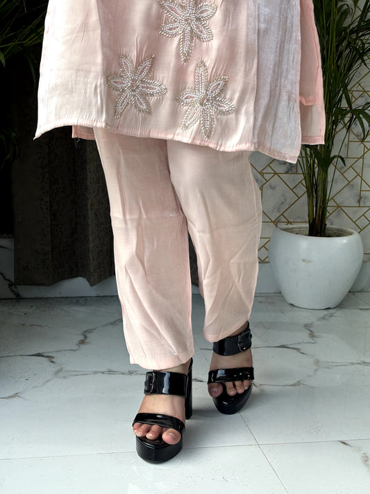 Blush Pink Satin Co-Ord Set with Embroidery