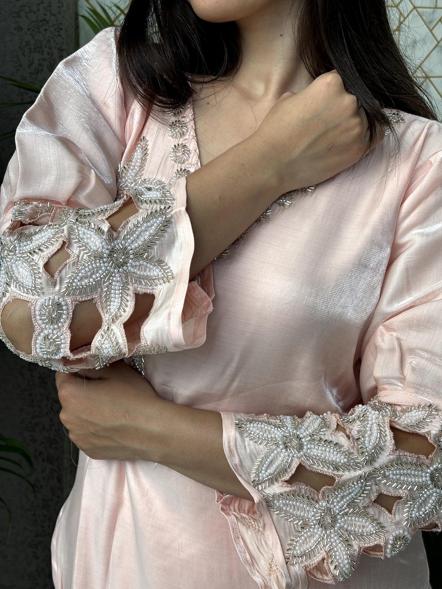 Blush Pink Satin Co-Ord Set with Embroidery