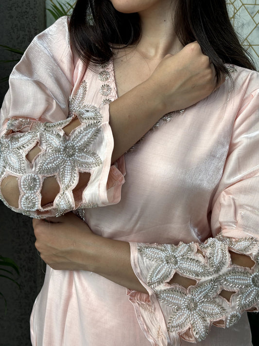 Blush Pink Satin Co-Ord Set with Embroidery