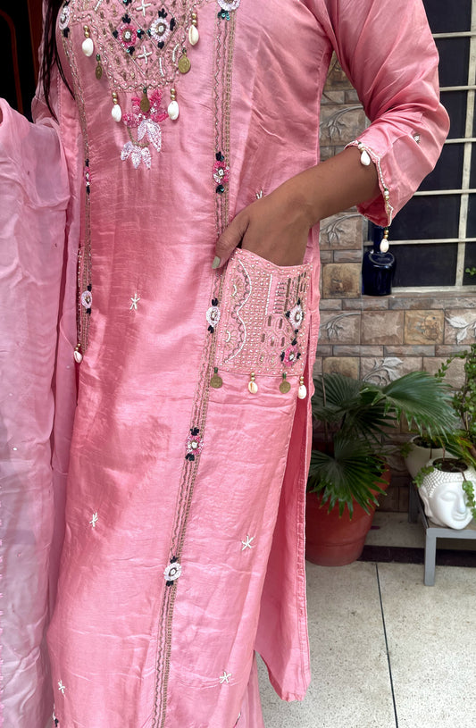 Peach Pink Mirror Work Kurta Set