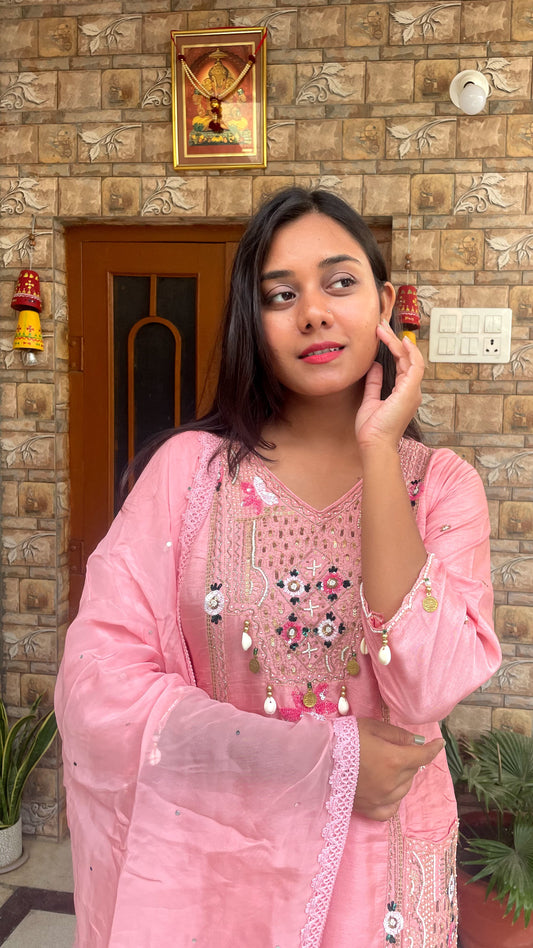 Peach Pink Mirror Work Kurta Set