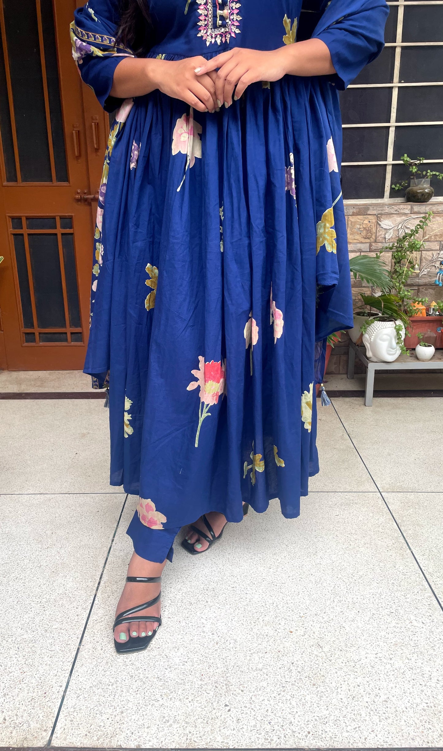 Royal Blue Floral Anarkali Kurta with Embroidered Yoke