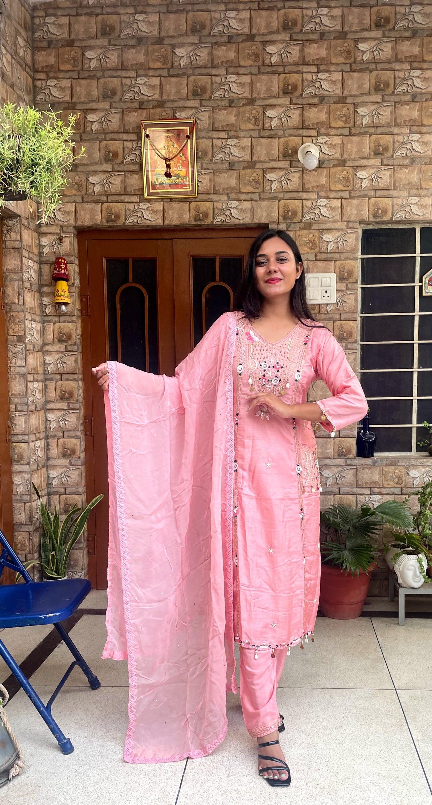Peach Pink Mirror Work Kurta Set