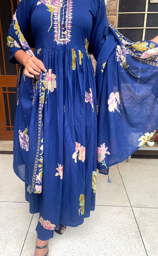 Royal Blue Floral Anarkali Kurta with Embroidered Yoke