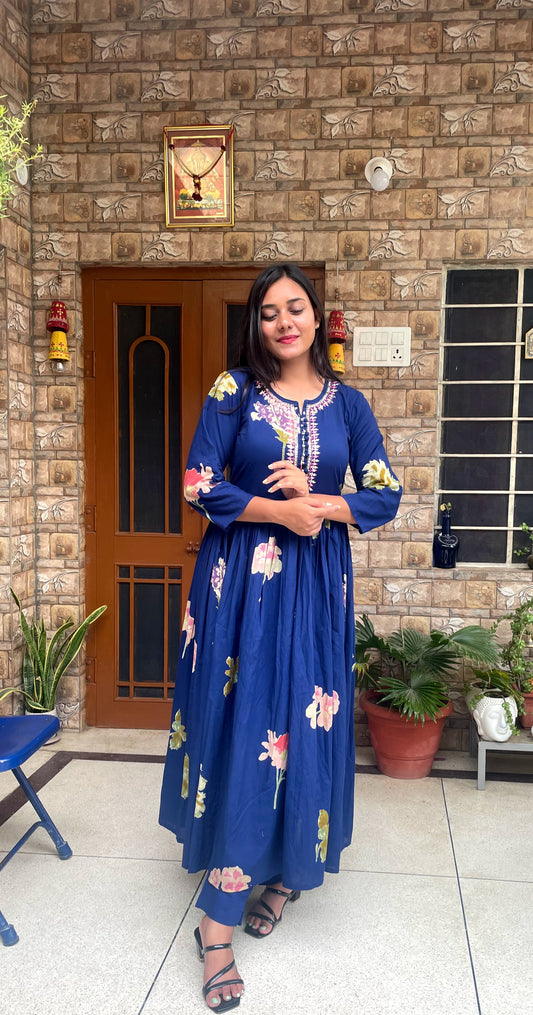 Royal Blue Floral Anarkali Kurta with Embroidered Yoke