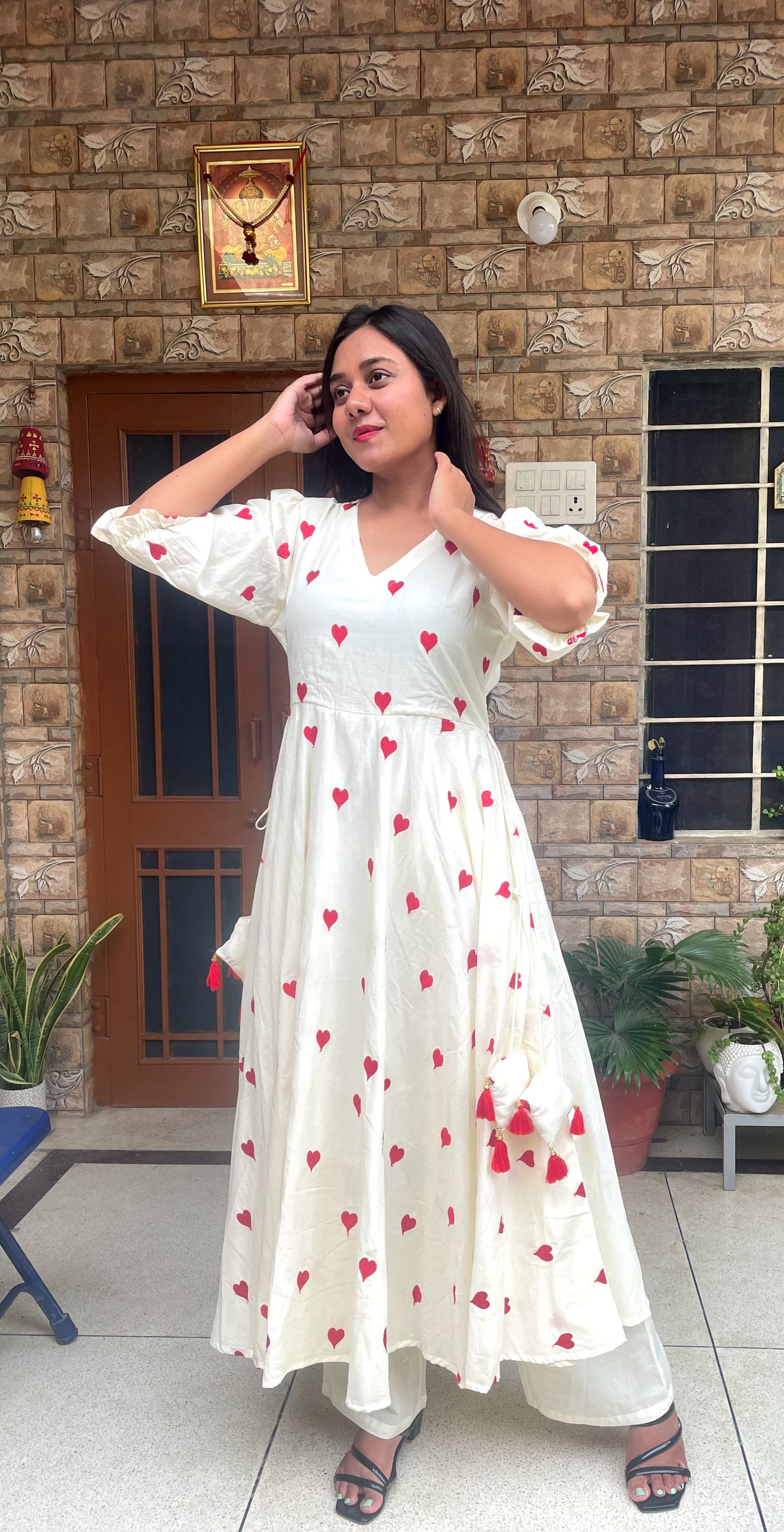 Cream Anarkali with Red Heart Embroidery & Tassel Detailing