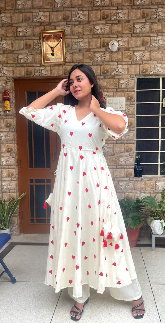 Cream Anarkali with Red Heart Embroidery & Tassel Detailing