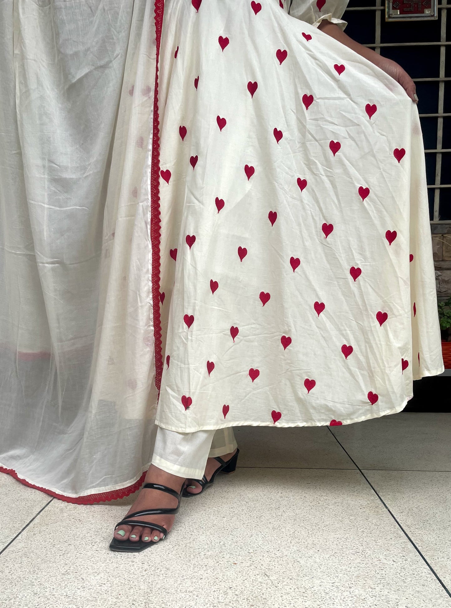 Cream Anarkali with Red Heart Embroidery & Tassel Detailing