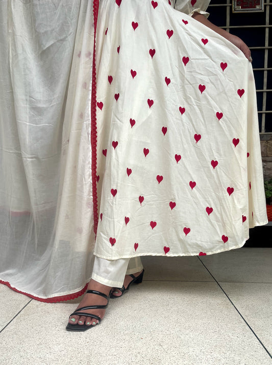 Cream Anarkali with Red Heart Embroidery & Tassel Detailing
