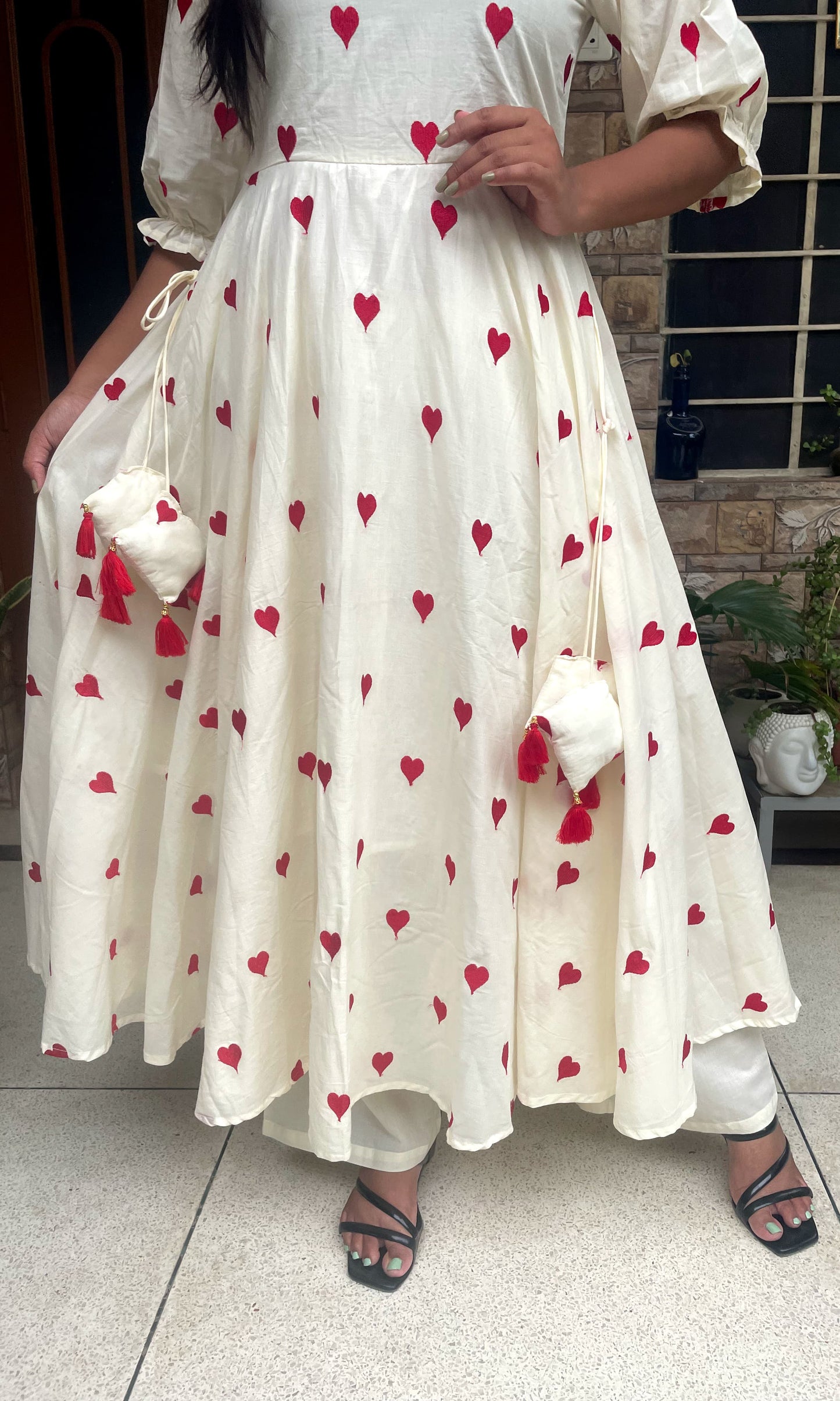 Cream Anarkali with Red Heart Embroidery & Tassel Detailing