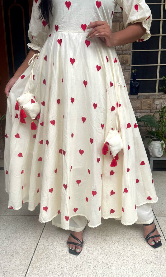 Cream Anarkali with Red Heart Embroidery & Tassel Detailing