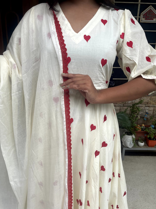 Cream Anarkali with Red Heart Embroidery & Tassel Detailing