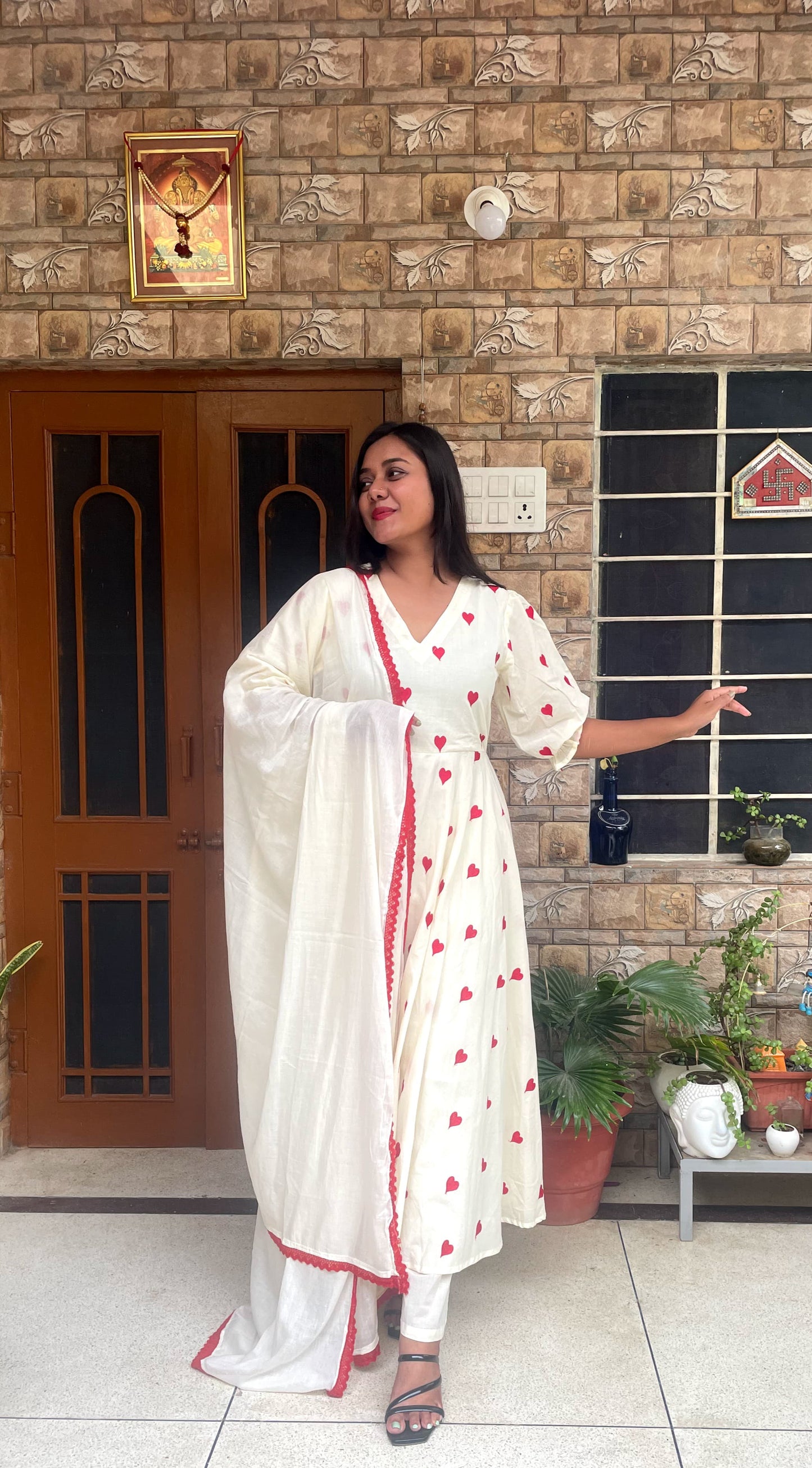 Cream Anarkali with Red Heart Embroidery & Tassel Detailing