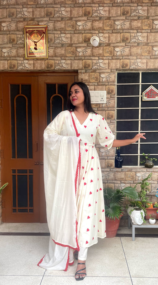 Cream Anarkali with Red Heart Embroidery & Tassel Detailing