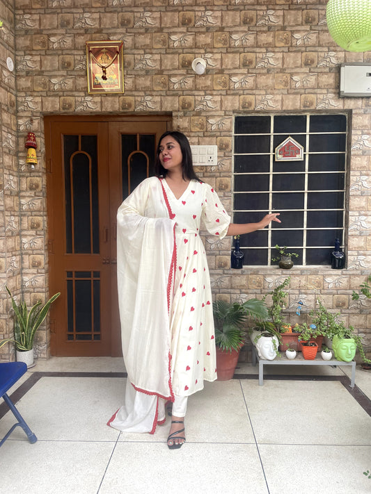 Cream Anarkali with Red Heart Embroidery & Tassel Detailing