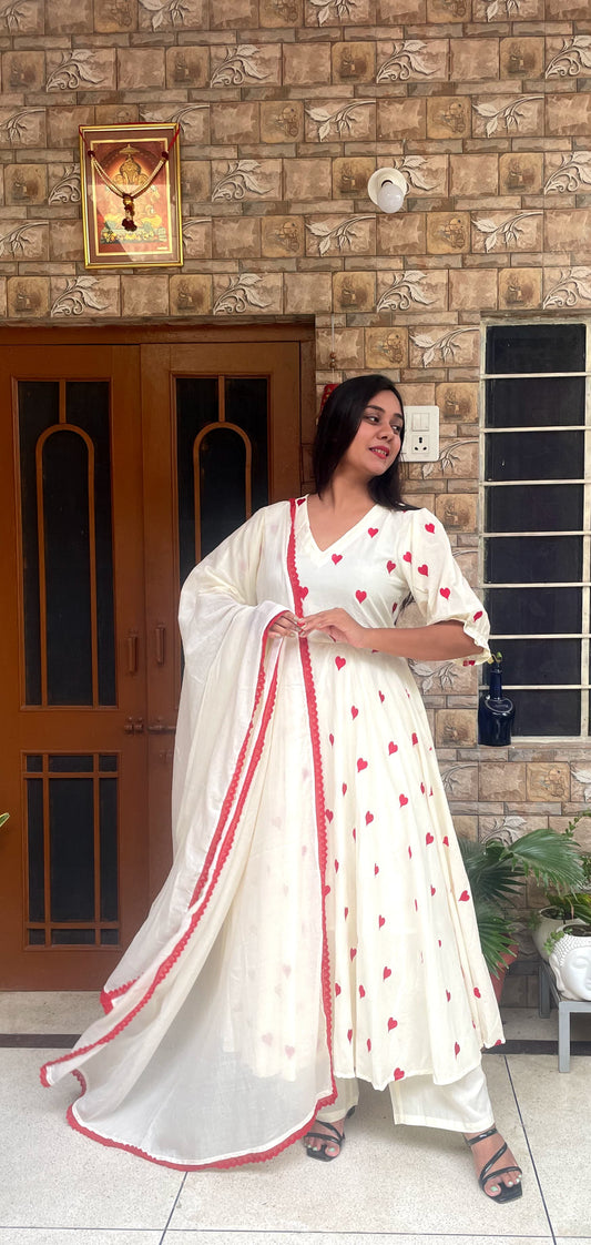 Cream Anarkali with Red Heart Embroidery & Tassel Detailing