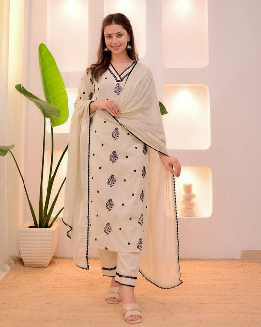Ivory & Black Embroidered Cotton Suit Set with Dupatta | Anziva Fashion