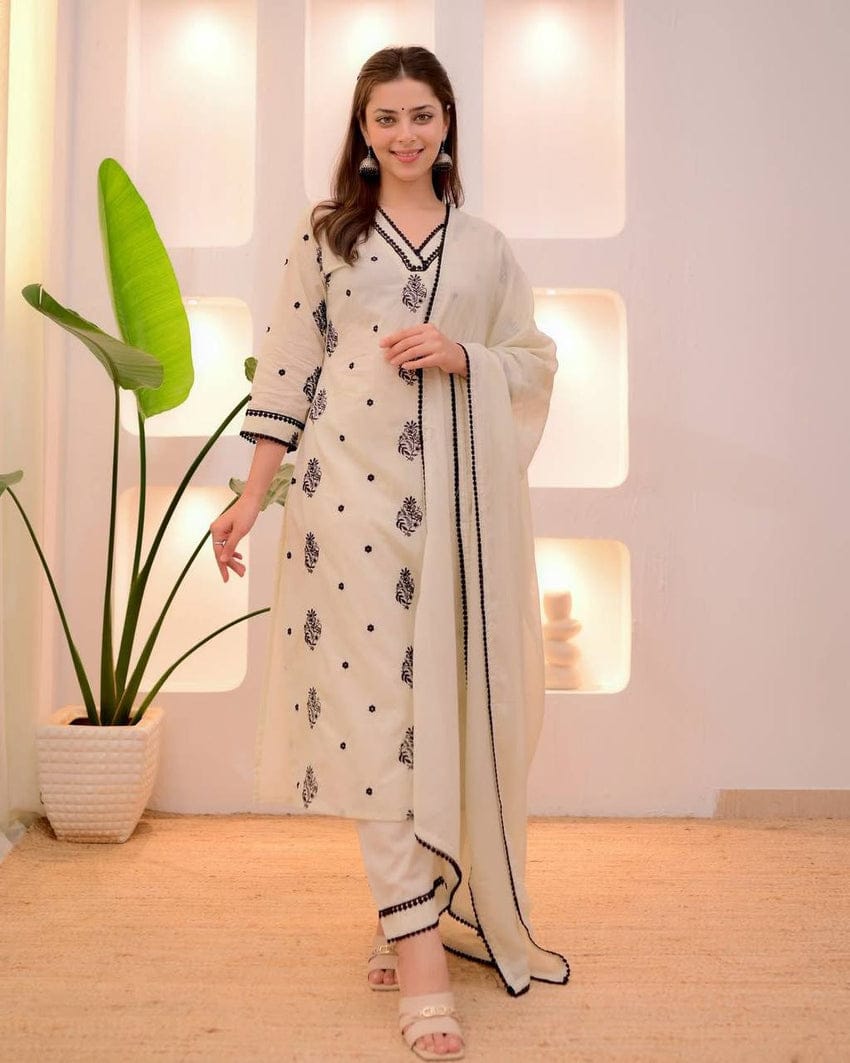 Ivory & Black Embroidered Cotton Suit Set with Dupatta | Anziva Fashion