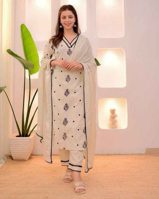 Ivory & Black Embroidered Cotton Suit Set with Dupatta | Anziva Fashion