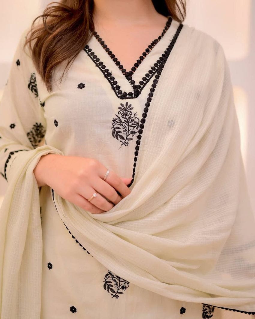 Ivory & Black Embroidered Cotton Suit Set with Dupatta | Anziva Fashion