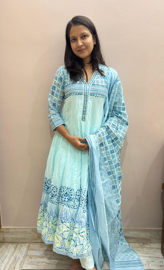 Sky Blue Printed Anarkali Kurta Set with Dupatta