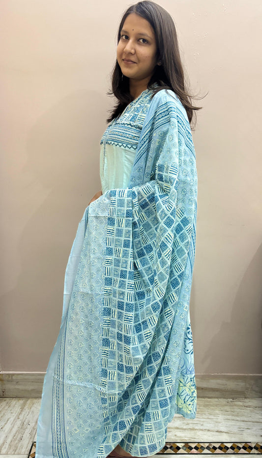 Sky Blue Printed Anarkali Kurta Set with Dupatta