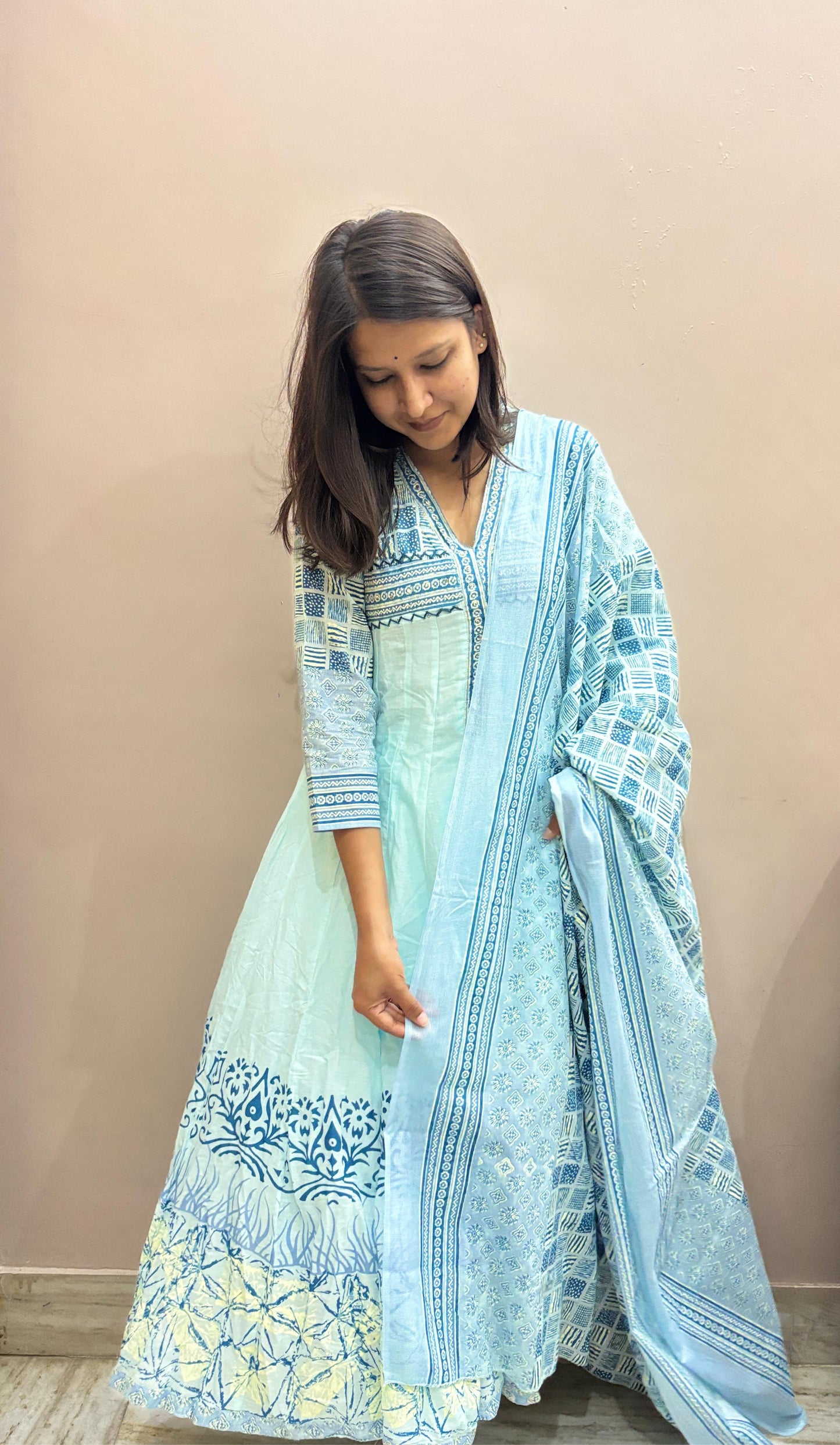 Sky Blue Printed Anarkali Kurta Set with Dupatta