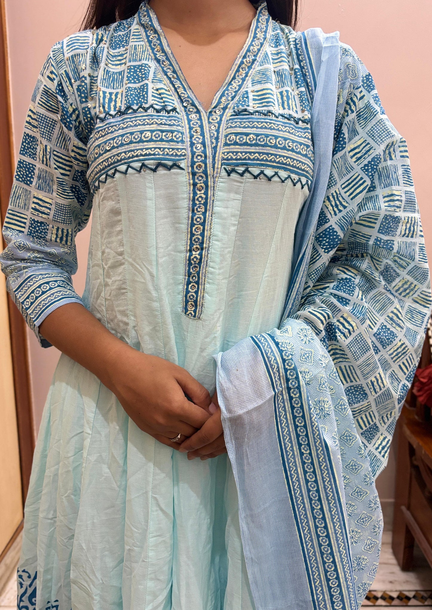 Sky Blue Printed Anarkali Kurta Set with Dupatta