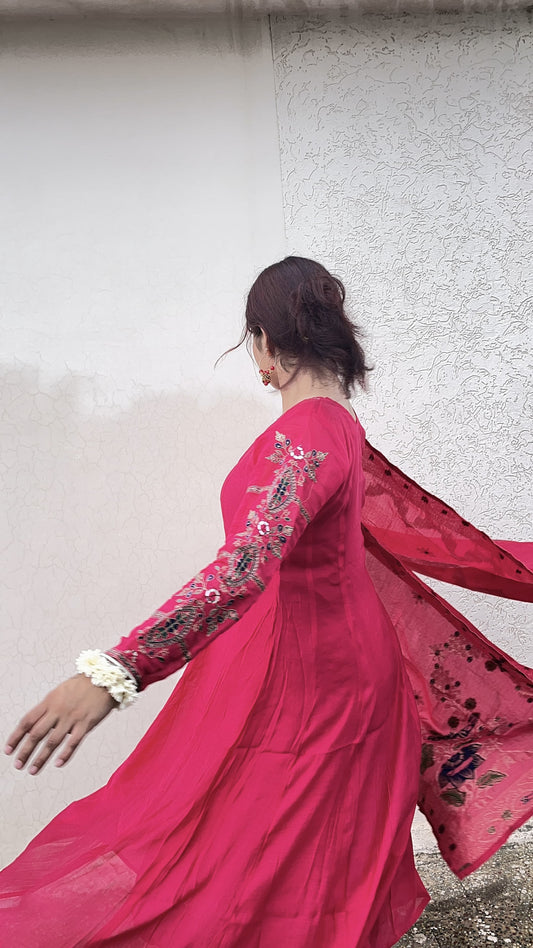 Fuchsia Embroidered Anarkali Set with Elephant Motif Dupatta