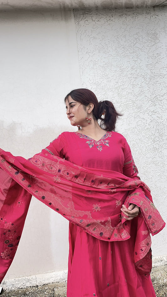 Fuchsia Embroidered Anarkali Set with Elephant Motif Dupatta