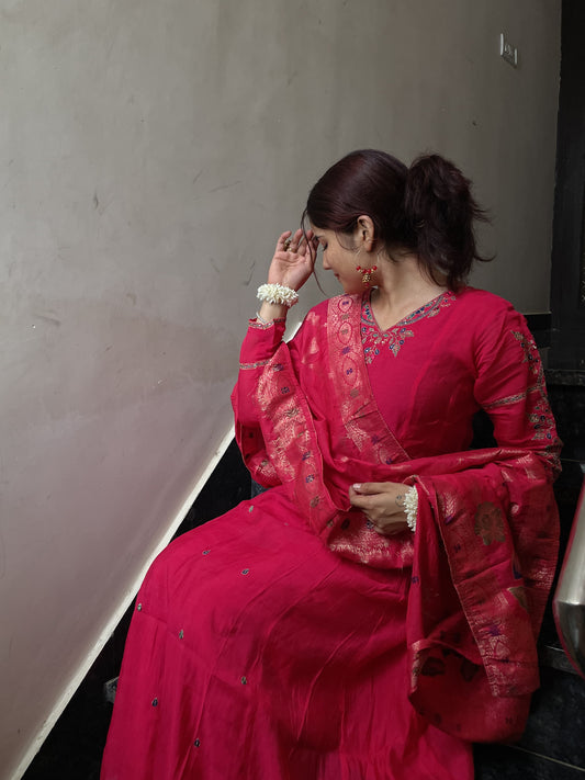 Fuchsia Embroidered Anarkali Set with Elephant Motif Dupatta