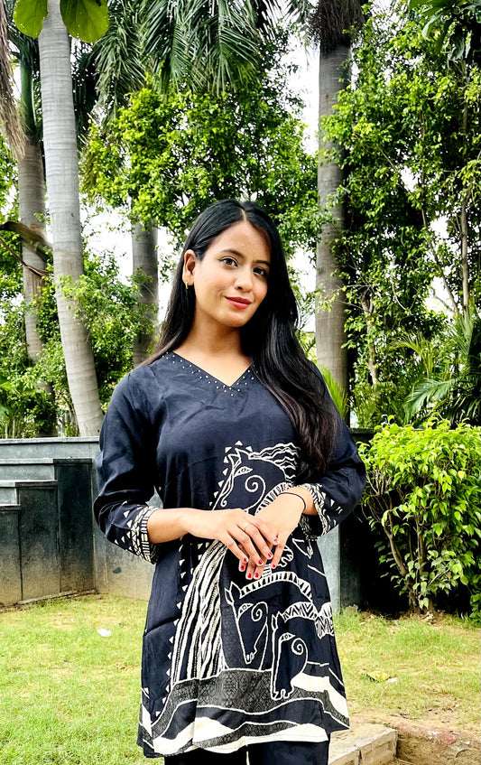 Black Handprint-Inspired Kurta Pant Set