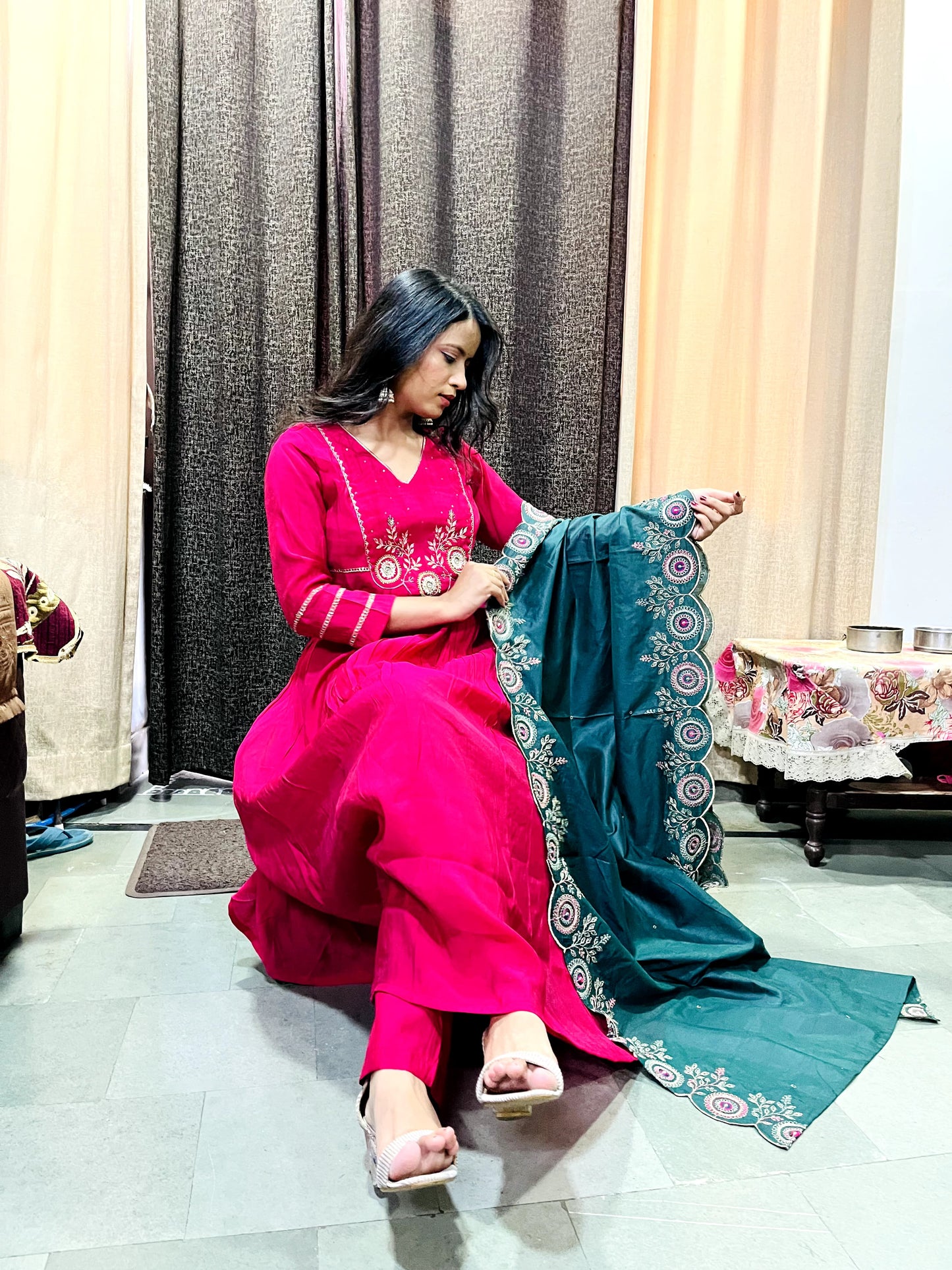 Pink Kurta Set with Teal Embroidered Dupatta