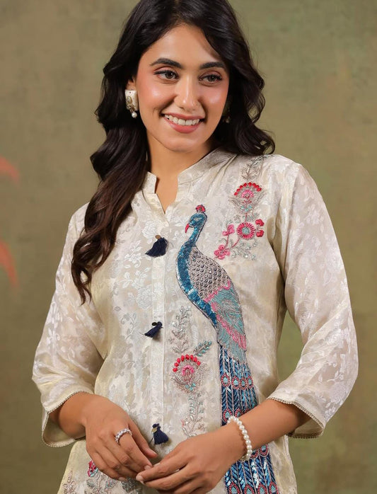 Cream Peacock Embroidered Short Kurta Set
