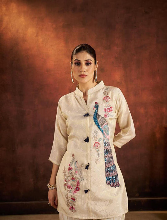 Cream Peacock Embroidered Short Kurta Set