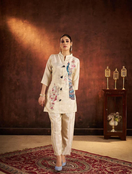 Cream Peacock Embroidered Short Kurta Set