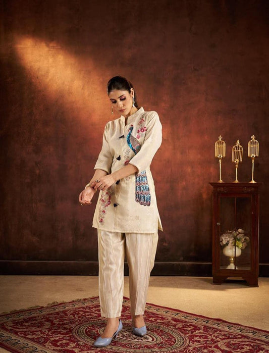 Cream Peacock Embroidered Short Kurta Set