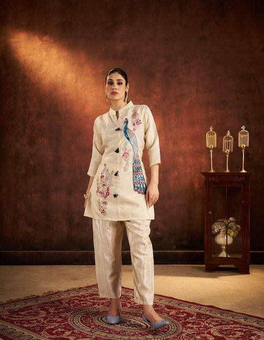 Cream Peacock Embroidered Short Kurta Set