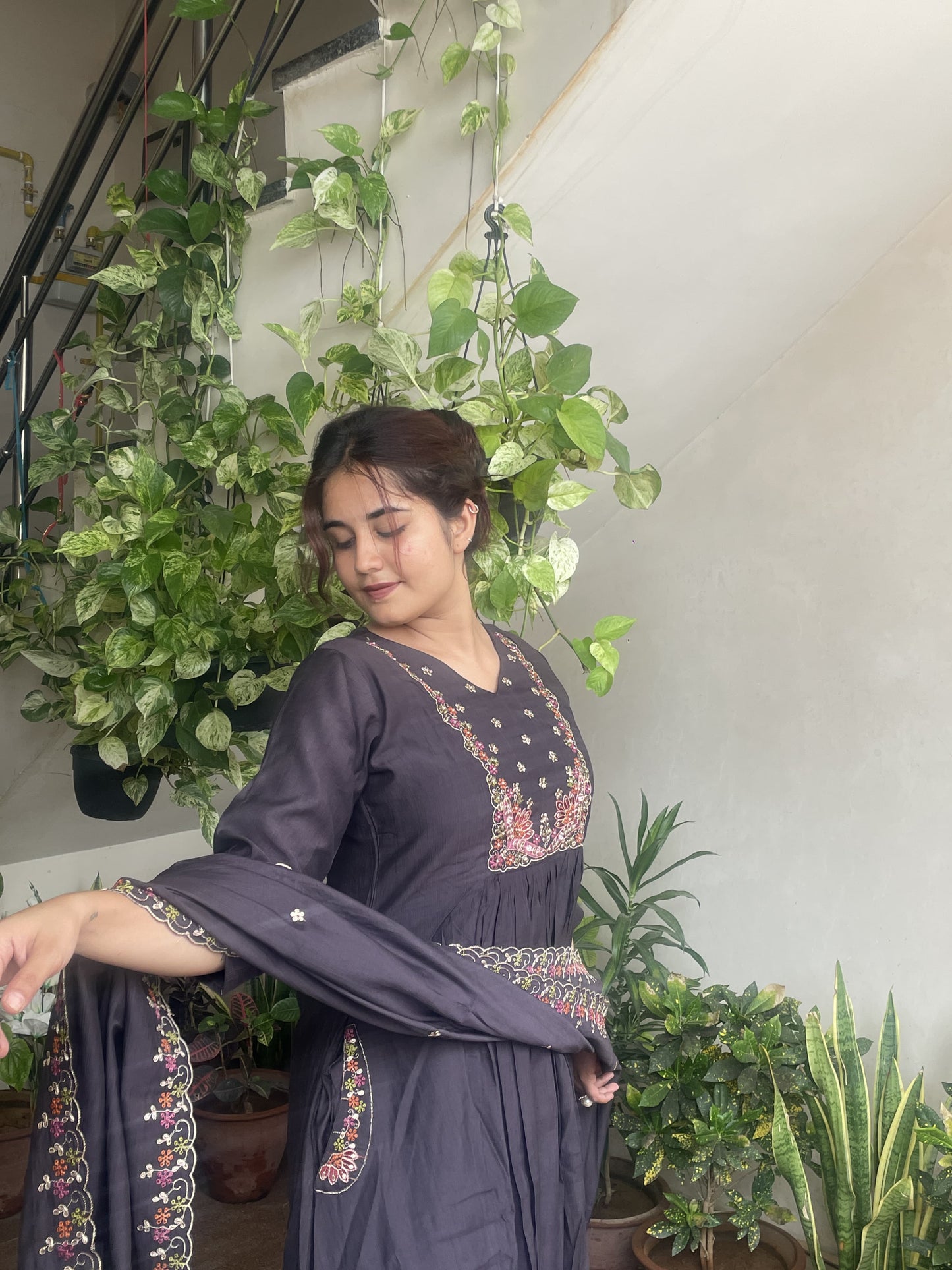 Dark Wine Embroidered Kurta Set