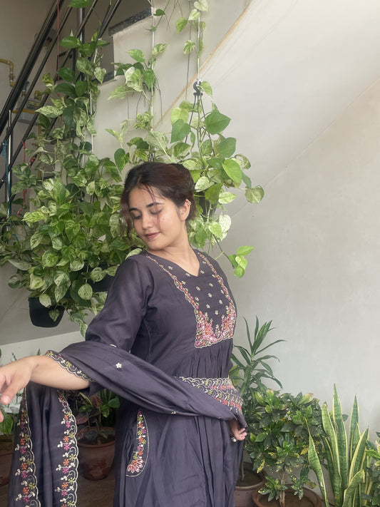 Dark Wine Embroidered Kurta Set