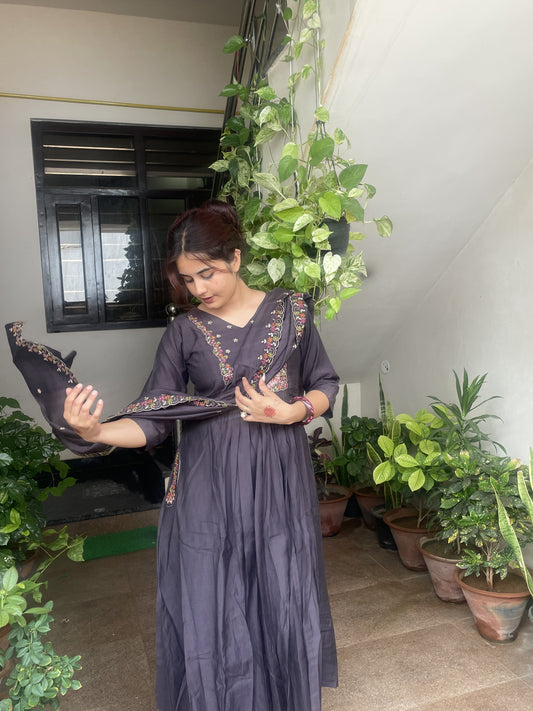 Dark Wine Embroidered Kurta Set