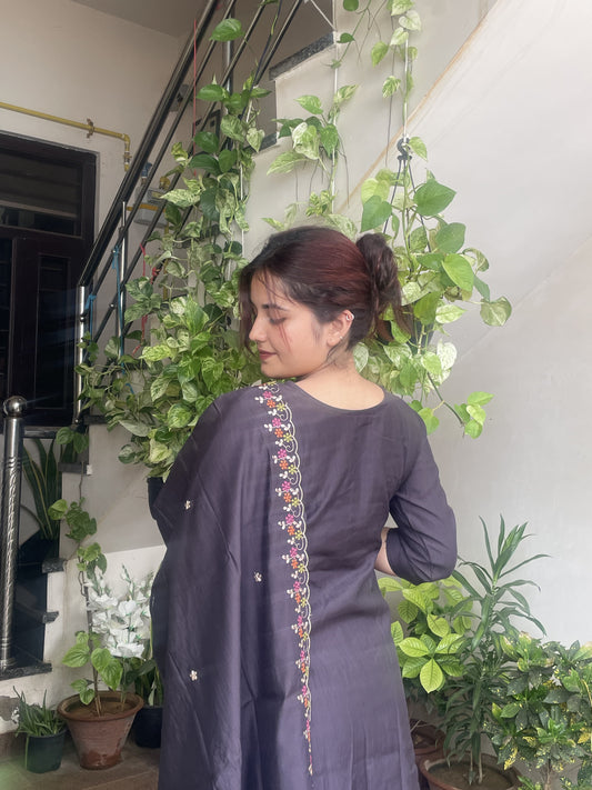Dark Wine Embroidered Kurta Set