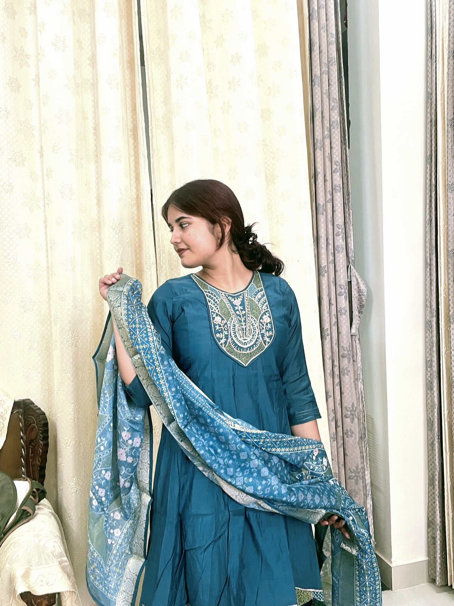 Blue Anarkali Set with Printed Dupatta